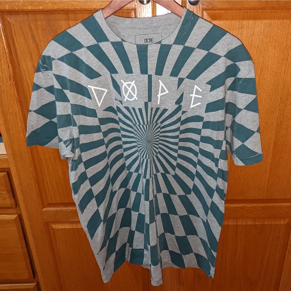Retro DOPE Los Angeles Blue Teal Grey Checkered Striped Men size XL T Shirt
